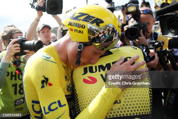Arrival / Mike Teunissen of The Netherlands and Team Jumbo-Visma Yellow Leader Jersey / Amund Grondahl Jansen of Norway and Team Jumbo-Visma /...