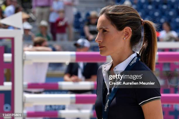 Jessica Springsteen of The United States of America reacts on day three of the Longines Paris Eiffel Jumping in the Champ de Mars on July 07, 2019 in...