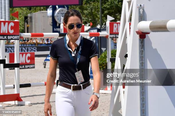 Jessica Springsteen of The United States of America reacts on day three of the Longines Paris Eiffel Jumping in the Champ de Mars on July 07, 2019 in...