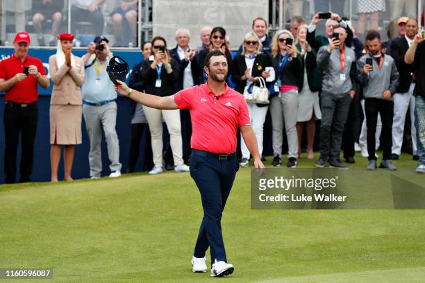 Winner Jon Rahm of Spain celebrates on the eighteenth hole during Day Four of the Dubai Duty Free Irish Open at Lahinch Golf Club on July 07, 2019 in...