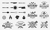 Collection of Butchery, Barbecue and Grill  s, emblems, labels, badges. Set of 8  templates and 13 design elements for  design. Vector templates