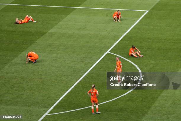 Netherlands players look dejected at full-time after defeat in the 2019 FIFA Women's World Cup France Final match between The United States of...