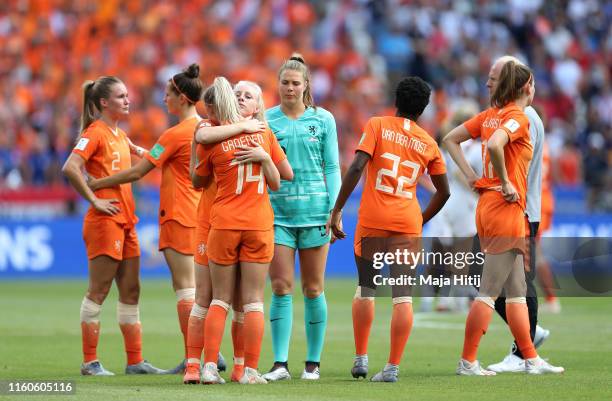 Players of the Netherlands look dejected following the 2019 FIFA Women's World Cup France Final match between The United States of America and The...