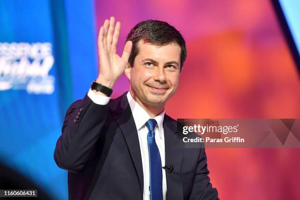 Mayor Pete Buttigieg speaks on stage at 2019 ESSENCE Festival Presented By Coca-Cola at Ernest N. Morial Convention Center on July 07, 2019 in New...