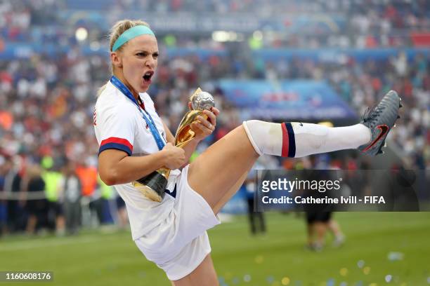 Julie Ertz of the USA celebrates with the FIFA Women's World Cup Trophy following her team's victory in the 2019 FIFA Women's World Cup France Final...