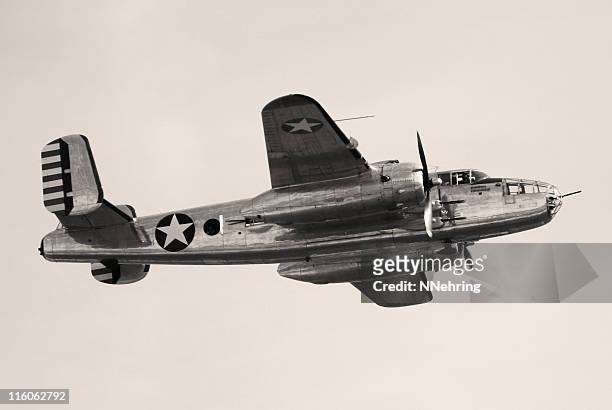 wwii bomber b25 mitchell flying - world war ii stock pictures, royalty-free photos & images