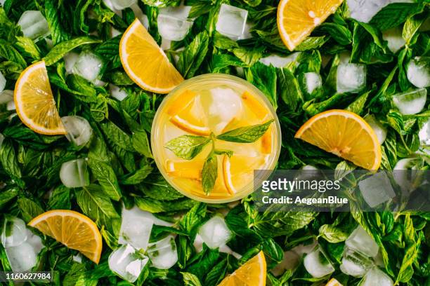 cold lemonade on fresh mint - lime overhead stock pictures, royalty-free photos & images