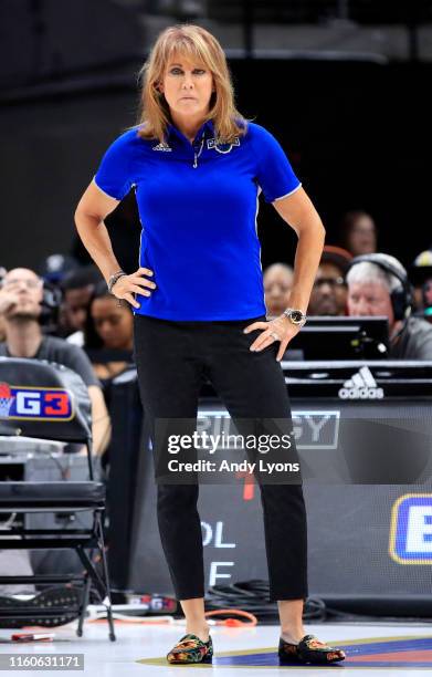 Head coach Nancy Lieberman of Power watches her team play against Trilogy during week three of the BIG3 three on three basketball league at State...