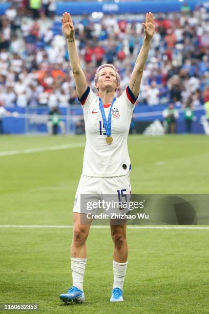 Megan Rapinoe of USA thanks the fans during award ceremony of the 2019 FIFA Women's World Cup France Final match between The United State of America...