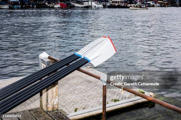 Oars are seen on day five of the Henley Royal Regatta on July 07, 2019 in Henley-on-Thames, England. This year is the event's 180th year. The Henley...