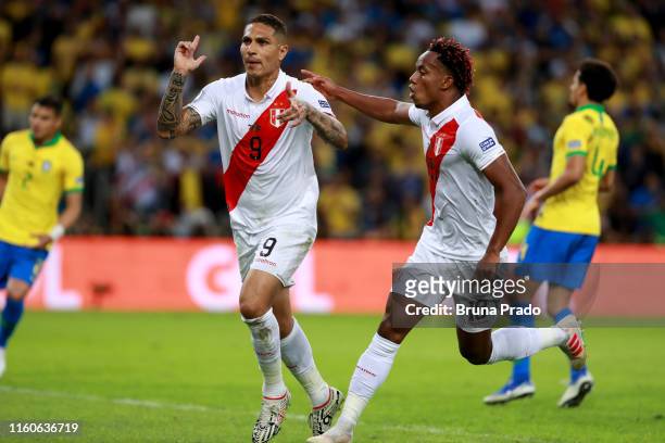 Paolo Guerrero of Peru celebrates after scoring the equalizer via penalty during the Copa America Brazil 2019 Final match between Brazil and Peru at...