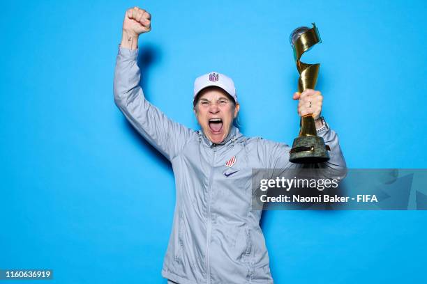 Coach of the USA, Jill Ellis of the USA poses with the Women's World Cup trophy after the 2019 FIFA Women's World Cup France Final match between The...