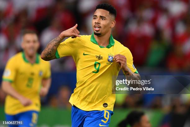 Gabriel Jesus of Brazil celebrates after scoring the second goal of his team during the Copa America Brazil 2019 Final match between Brazil and Peru...