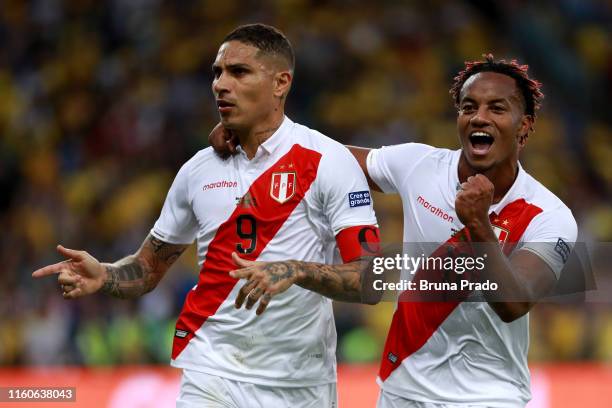 Paolo Guerrero of Peru celebrates with teammate Andre Carrillo of Peru after scoring the first goal of his team during the Copa America Brazil 2019...