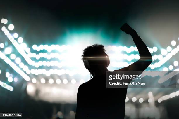 コンサート音楽祭で腕を上げて応援ディスコdj - anti disco ストックフォトと画像