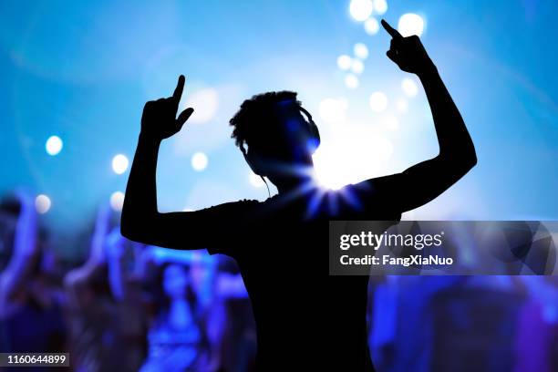 tifo disco dj che si esibisce a braccio alzato al festival di musica da concerto - dj club foto e immagini stock