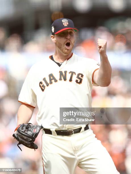 Will Smith of the San Francisco Giants reacts after the Giants beat the St. Louis Cardinals at Oracle Park on July 07, 2019 in San Francisco,...