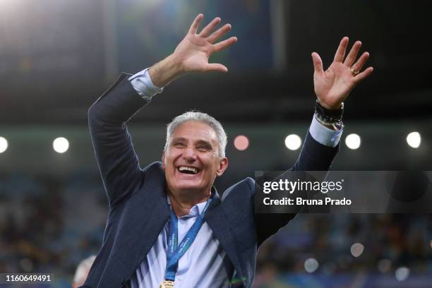 Tite head coach of Brazil celebrates after winning the Copa America Brazil 2019 Final match between Brazil and Peru at Maracana Stadium on July 07,...