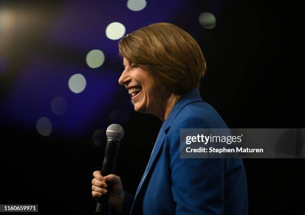 Democratic presidential candidate Sen. Amy Klobuchar speaks on stage during a forum on gun safety at the Iowa Events Center on August 10, 2019 in Des...