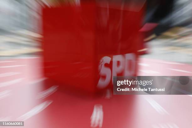 German Social Democrat logo, is seen at an SPD election rally on August 10, 2019 in Konigs Wusterhausen, Germany. The east German states of...