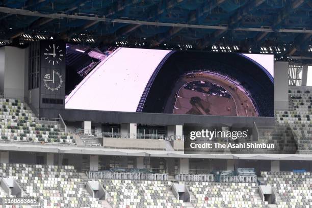 New National Stadium construction site is open to media on July 3, 2019 in Tokyo, Japan.