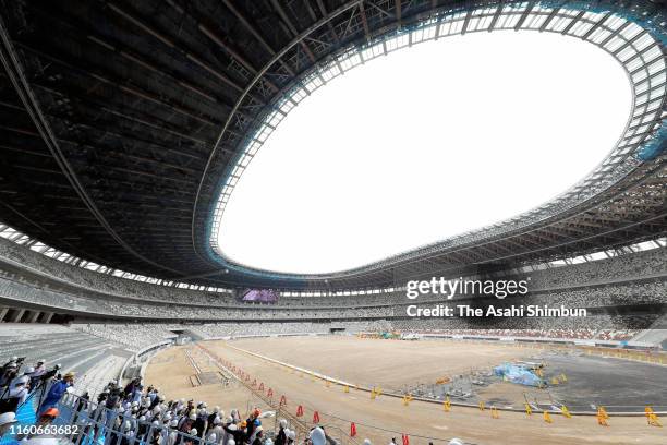 New National Stadium construction site is open to media on July 3, 2019 in Tokyo, Japan.