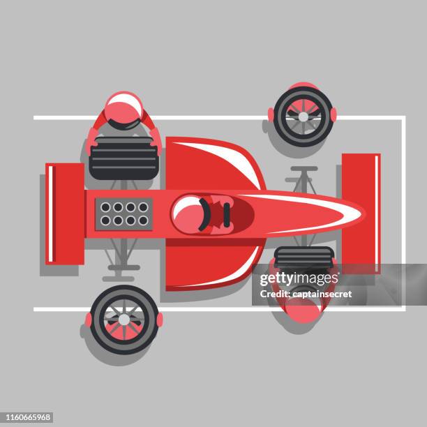 ilustrações de stock, clip art, desenhos animados e ícones de bird's eye view of a race car pit crew changing tires - box da equipa de corrida