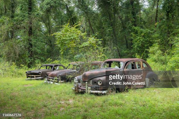 vintage ford motor vehicles, abandoned, north florida - abandoned car stock pictures, royalty-free photos & images