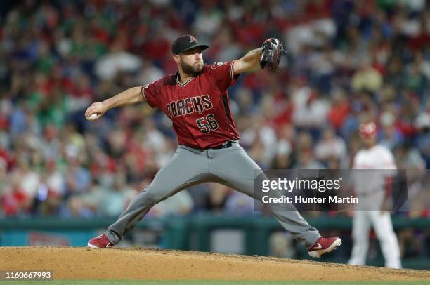 Greg Holland of the Arizona Diamondbacks throws a pitch during a game against the Philadelphia Phillies at Citizens Bank Park on June 12, 2019 in...
