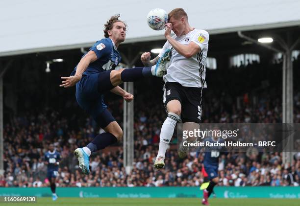 Blackburn Rovers' Sam Gallagher and Fulham's Alfie Mawson during the Sky Bet Championship match between Fulham and Blackburn Rovers at Craven Cottage...