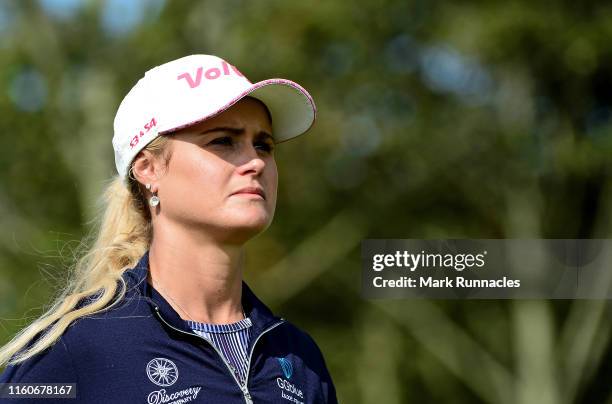 Carly Booth of Scotland looks on at the 17th hole during the Aberdeen Standard Investment Scottish Open at The Renaissance Club on August 10, 2019 in...