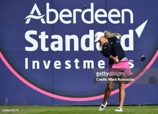 Carly Booth of Scotland plays her tee shot at the 18th hole during the Aberdeen Standard Investment Scottish Open at The Renaissance Club on August...