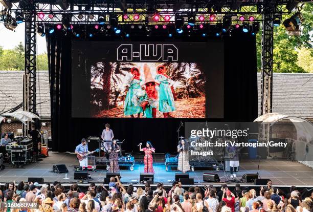 Yemenite-Israeli Folk, Dance, and Hip-Hop group A-WA performs onsatge at Central Park SummerStage, New York, New York, June 30, 2019. Pictured are,...