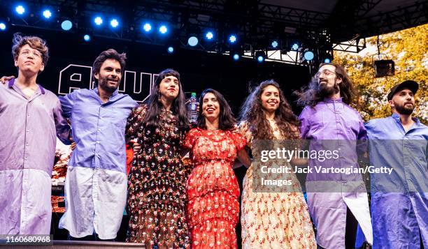 Members of Yemenite-Israeli Folk, Dance, and Hip-Hop group A-WA take bows after their performance at Central Park SummerStage, New York, New York,...