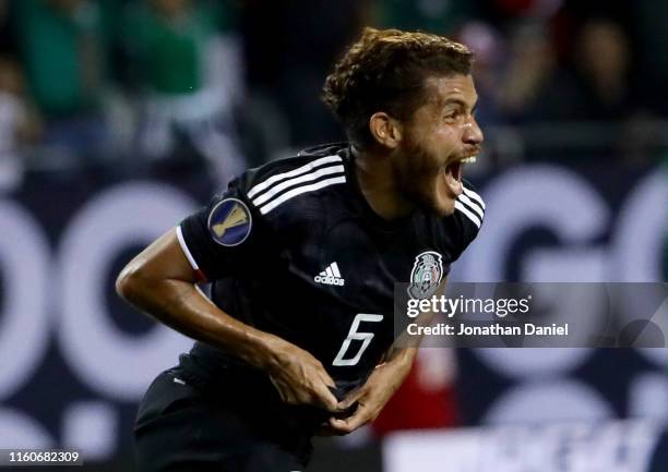 Jonathan dos Santos of the Mexico celebrates after scoring a goal in the second half during the 2019 CONCACAF Gold Cup Final at Soldier Field on July...