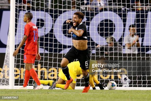 Jonathan dos Santos of the Mexico celebrates after scoring a goal in the second half during the 2019 CONCACAF Gold Cup Final at Soldier Field on July...