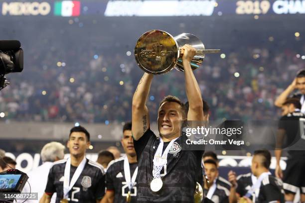 Captain Andres Guardado lift the trophy to celebrate after winning the CONCACAF Gold Cup 2019 final match between United States and Mexico at Soldier...