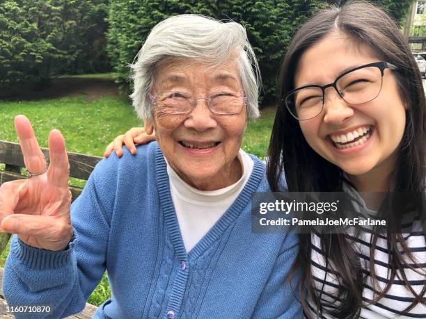 asian grandmother and eurasian granddaughter smiling for photo on bench - multi generation family photos imagens e fotografias de stock