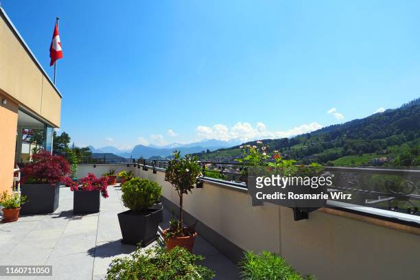 private garden terrace with view - private terrace balcony stock-fotos und bilder