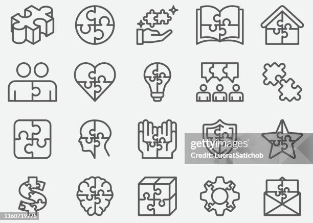 ilustraciones, imágenes clip art, dibujos animados e iconos de stock de iconos de la línea del rompecabezas - puzzel