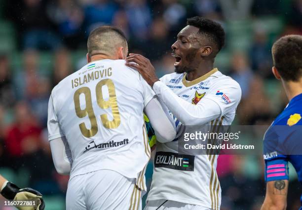 Blair Turgott of Ostersunds FK and Dino Islamovic of Ostersunds FK react during the Allsvenskan match between GIF Sundsvall and Ostersunds FK at NP3...
