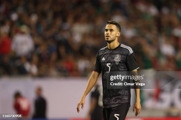 Diego Reyes of Mexico reacts during the CONCACAF Gold Cup 2019 final match between United States and Mexico at Soldier Field on July 7, 2019 in...