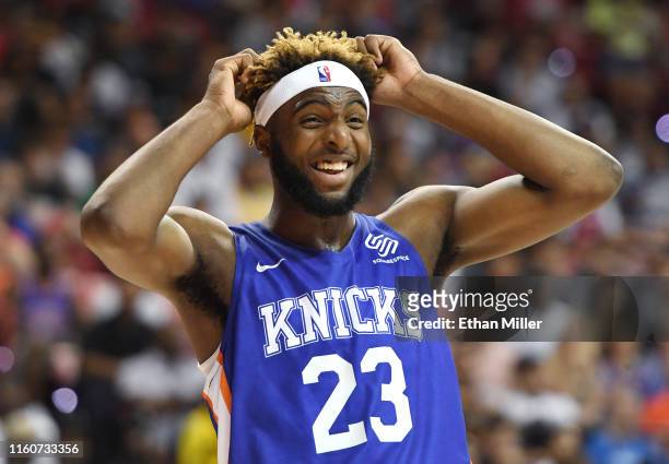 Mitchell Robinson of the New York Knicks reacts on the court during a game against the Phoenix Suns during the 2019 NBA Summer League at the Thomas &...