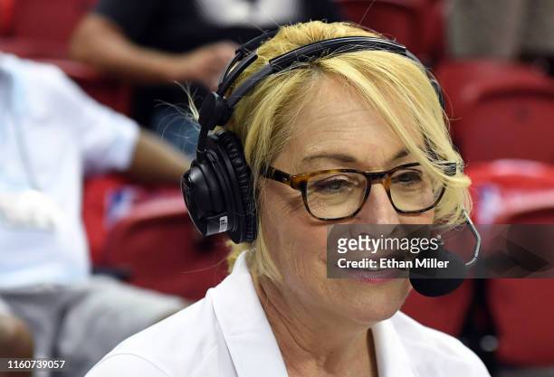 Reporter and analyst Doris Burke broadcasts during a game between the LA Clippers and the Memphis Grizzlies during the 2019 NBA Summer League at the...