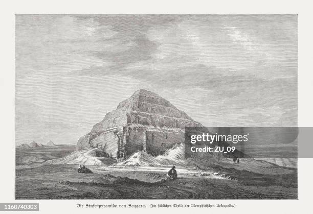 step pyramid of djoser, saqqara, egypt, wood engraving, published 1879 - aerial desert stock illustrations