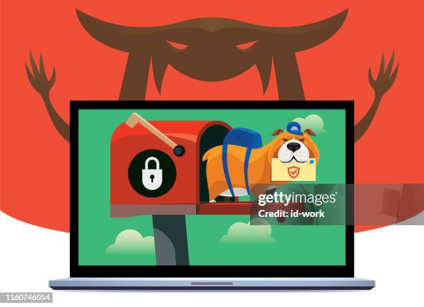courier dog with safety envelope and laptop - walking away from computer stock illustrations
