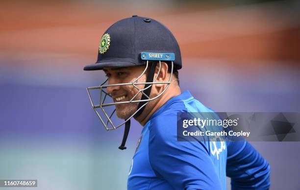 Dhoni of India prepares to bat during a net session at Old Trafford on July 08, 2019 in Manchester, England.