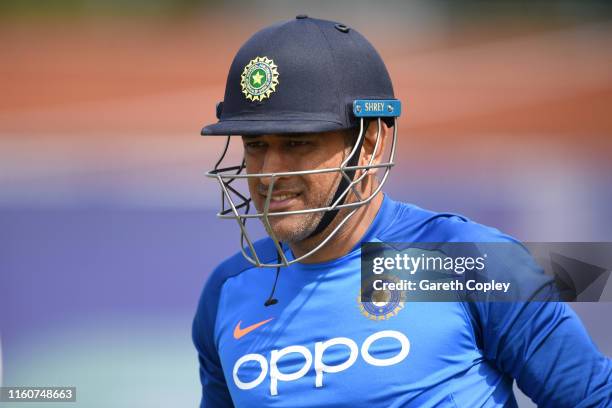 Dhoni of India prepares to bat during a net session at Old Trafford on July 08, 2019 in Manchester, England.