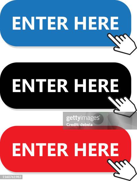 ilustraciones, imágenes clip art, dibujos animados e iconos de stock de ingrese aquí colección de botones con puntero de mano - tecla enter