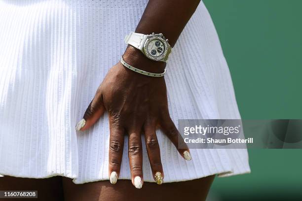 Detailed view of one of the hands of Serena Williams of The United States in her Ladies' Singles fourth round match against Carla Suarez Navarro of...